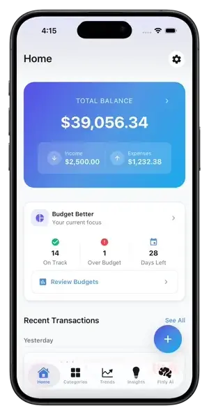 Finly AI App on iOS - Dashboard showing expense tracking and balance